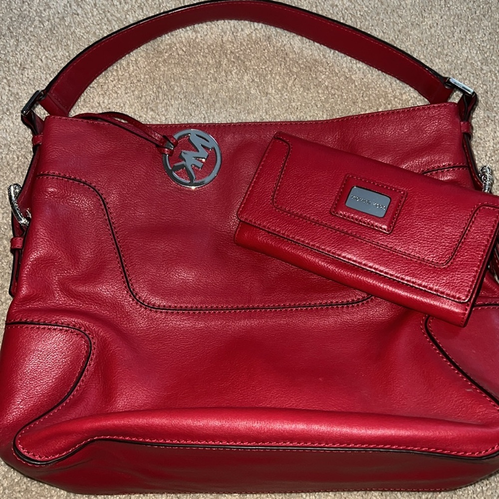 Michael Kors red hobo bag and wallet